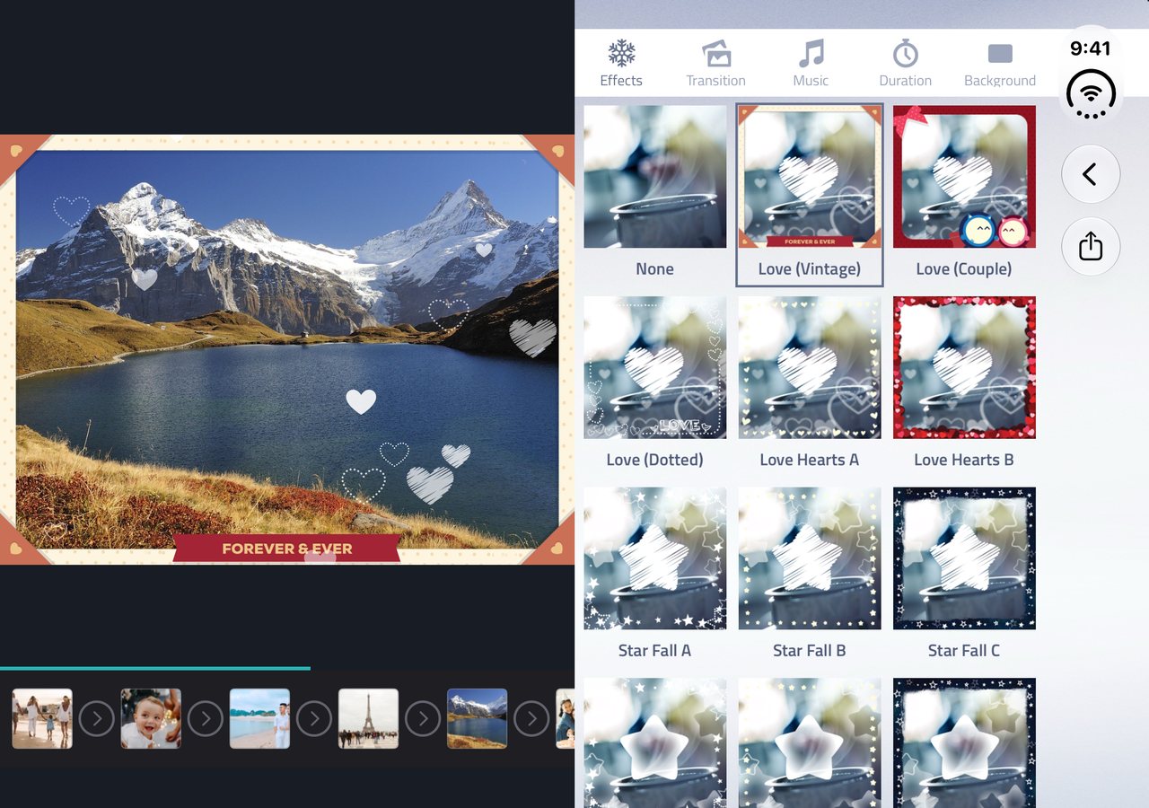 Fliptastic on an unfolded iPhone Duo: the slideshow preview on the left, the effect picker on the right