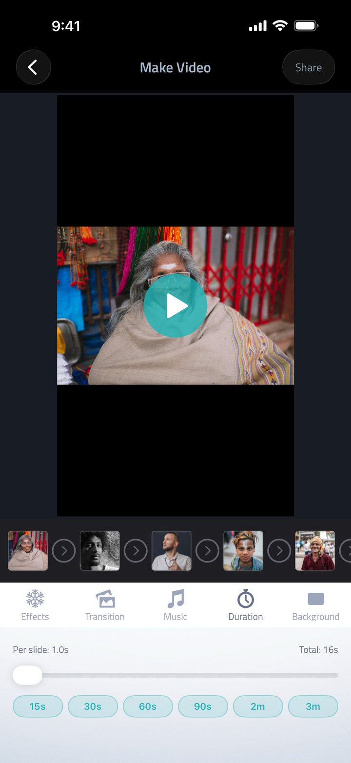 Per-slide duration controls on the Make Video screen