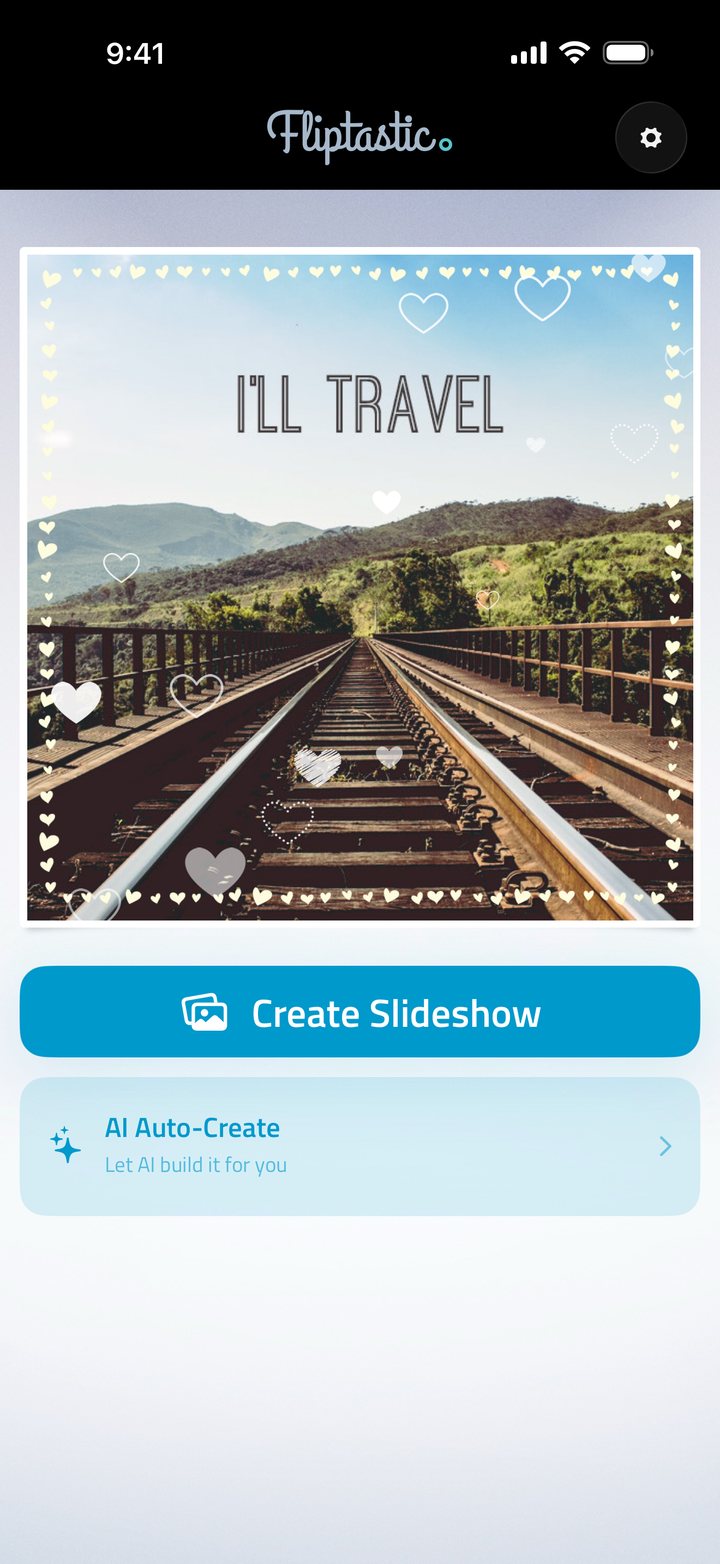 The Fliptastic home screen, previewing a slideshow above the Create Slideshow and AI Auto-Create buttons