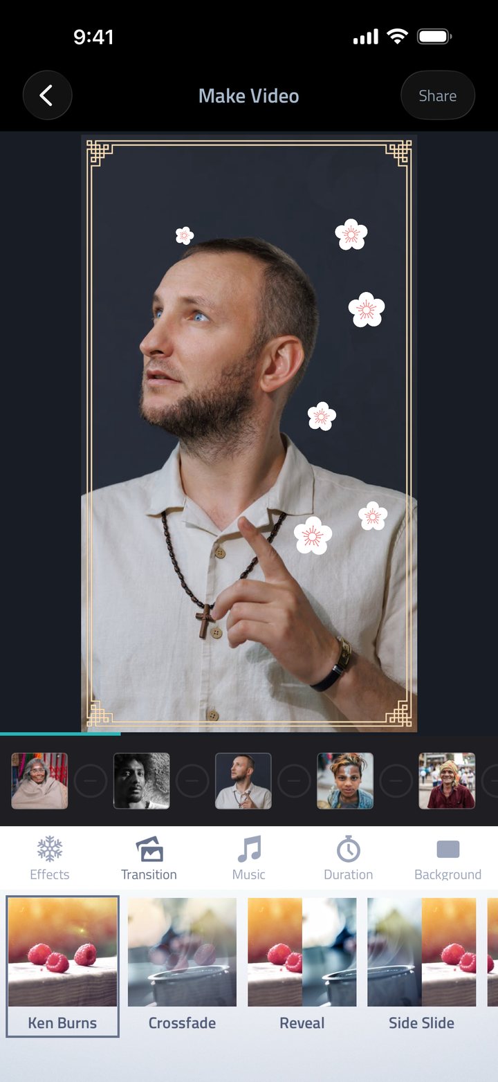 The transition picker in Fliptastic showing Ken Burns, Crossfade, Reveal and Side Slide